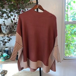 Cocobleu Sweater Rust Red Striped Sleeves Poncho